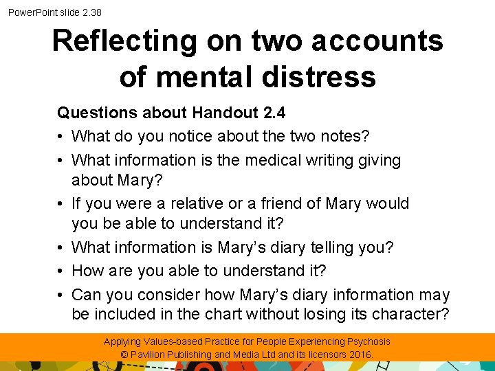 Power. Point slide 2. 38 Reflecting on two accounts of mental distress Questions about