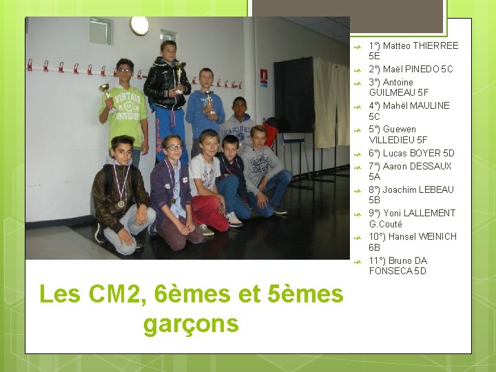  Les CM 2, 6èmes et 5èmes garçons 1°) Matteo THIERREE 5 E 2°)