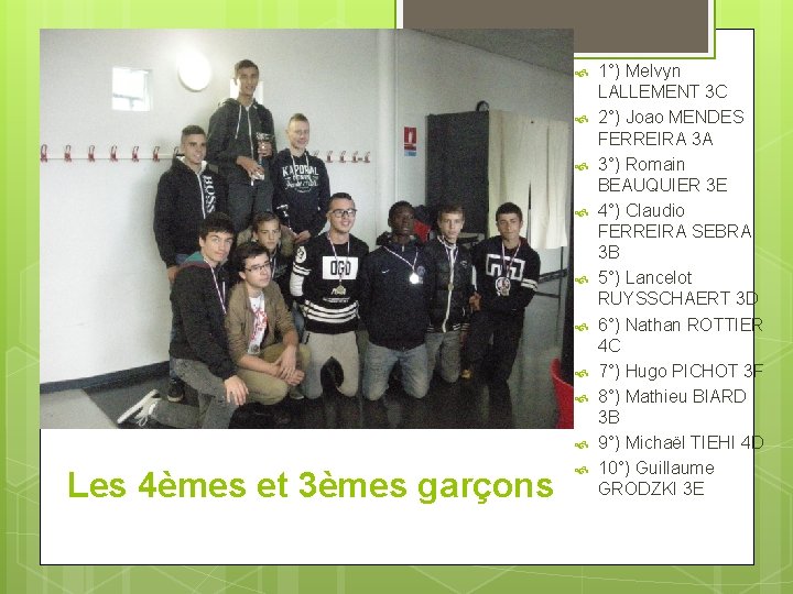  Les 4èmes et 3èmes garçons 1°) Melvyn LALLEMENT 3 C 2°) Joao MENDES