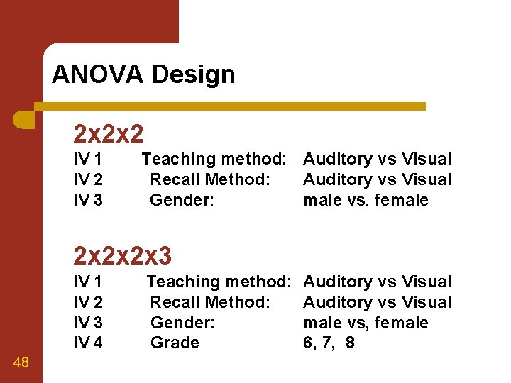 ANOVA Design 2 x 2 x 2 IV 1 IV 2 IV 3 Teaching