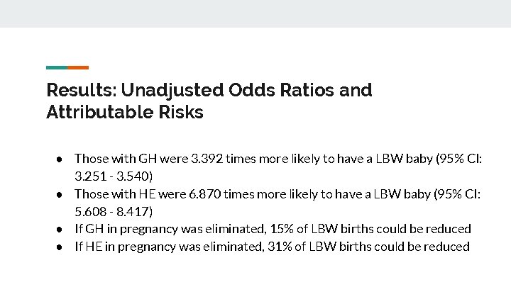 Results: Unadjusted Odds Ratios and Attributable Risks ● Those with GH were 3. 392