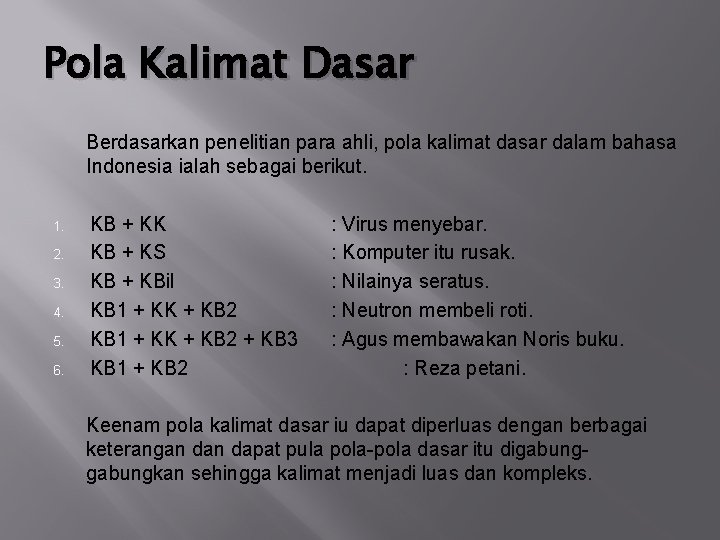 Pola Kalimat Dasar Berdasarkan penelitian para ahli, pola kalimat dasar dalam bahasa Indonesia ialah