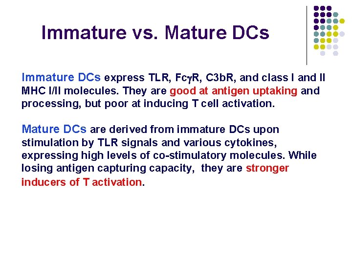 Immature vs. Mature DCs Immature DCs express TLR, Fcg. R, C 3 b. R,