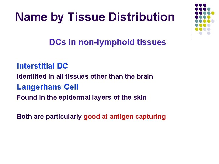 Name by Tissue Distribution DCs in non-lymphoid tissues Interstitial DC Identified in all tissues Name by Tissue Distribution DCs in non-lymphoid tissues Interstitial DC Identified in all tissues
