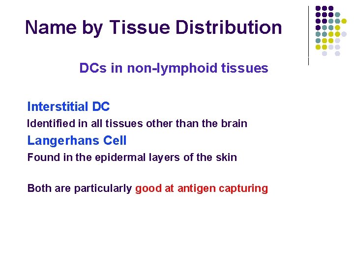 Name by Tissue Distribution DCs in non-lymphoid tissues Interstitial DC Identified in all tissues