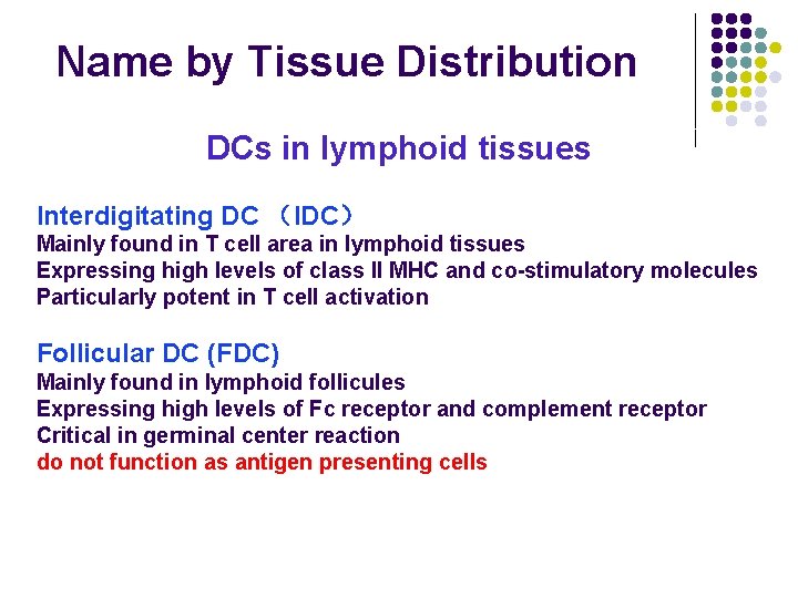 Name by Tissue Distribution DCs in lymphoid tissues Interdigitating DC （IDC） Mainly found in