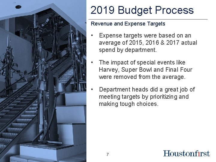 2019 Budget Process Revenue and Expense Targets • Expense targets were based on an