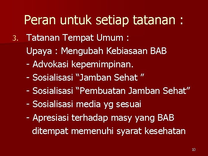 Peran untuk setiap tatanan : 3. Tatanan Tempat Umum : Upaya : Mengubah Kebiasaan