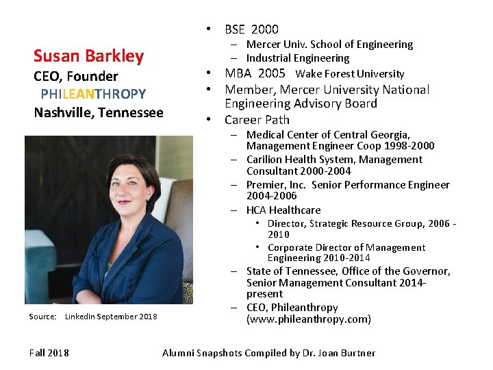  • BSE 2000 Susan Barkley CEO, Founder PHILEANTHROPY Nashville, Tennessee – Mercer Univ.