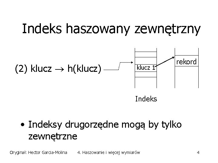Indeks haszowany zewnętrzny (2) klucz h(klucz) klucz 1 rekord Indeks • Indeksy drugorzędne mogą