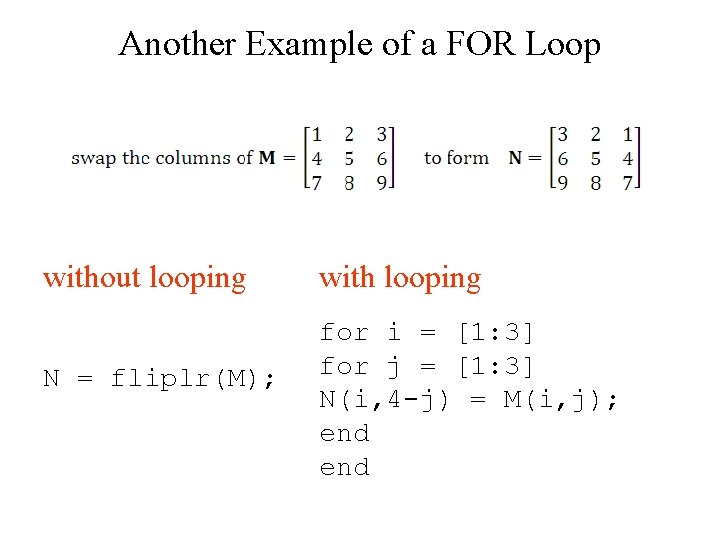 Another Example of a FOR Loop without looping N = fliplr(M); with looping for