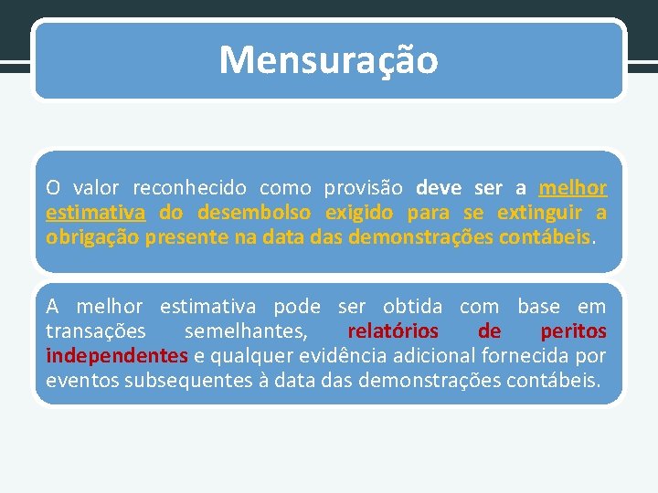 Mensuração O valor reconhecido como provisão deve ser a melhor estimativa do desembolso exigido
