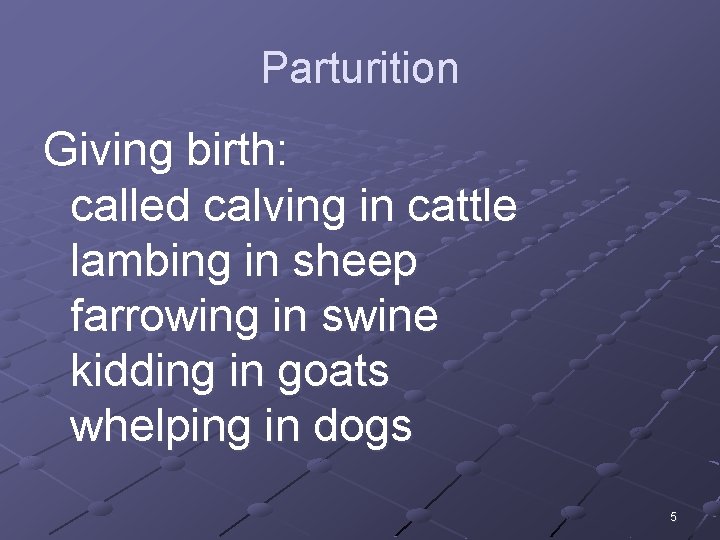 Parturition Giving birth: called calving in cattle lambing in sheep farrowing in swine kidding