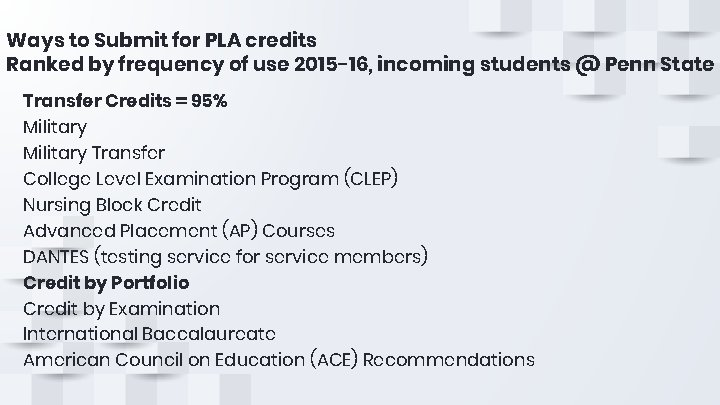 Ways to Submit for PLA credits Ranked by frequency of use 2015 -16, incoming