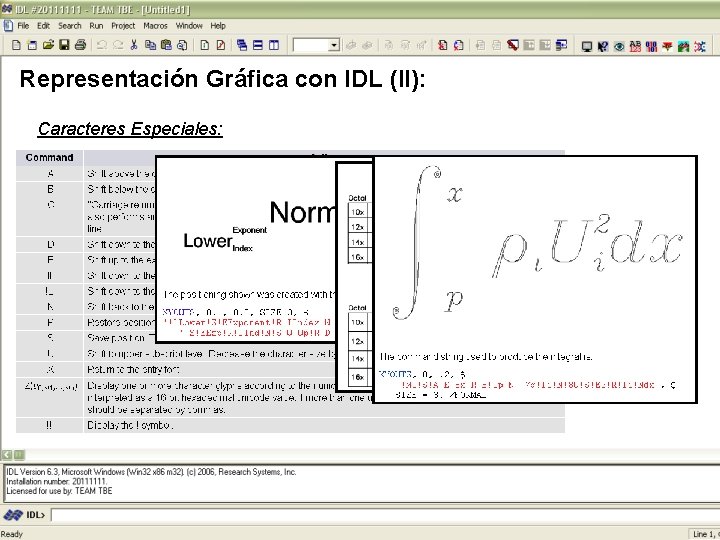 Representación Gráfica con IDL (II): Caracteres Especiales: Ver Herschey Fonts (símbolos griegos y matemáticos)