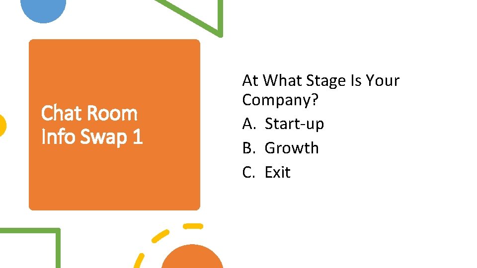 Chat Room Info Swap 1 At What Stage Is Your Company? A. Start-up B.