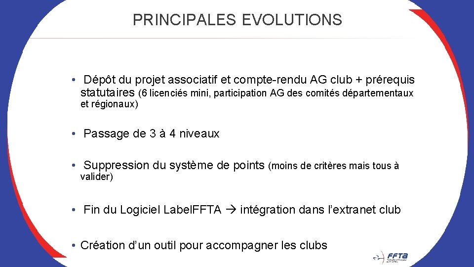 PRINCIPALES EVOLUTIONS • Dépôt du projet associatif et compte-rendu AG club + prérequis statutaires