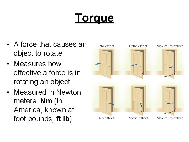 Torque • A force that causes an object to rotate • Measures how effective