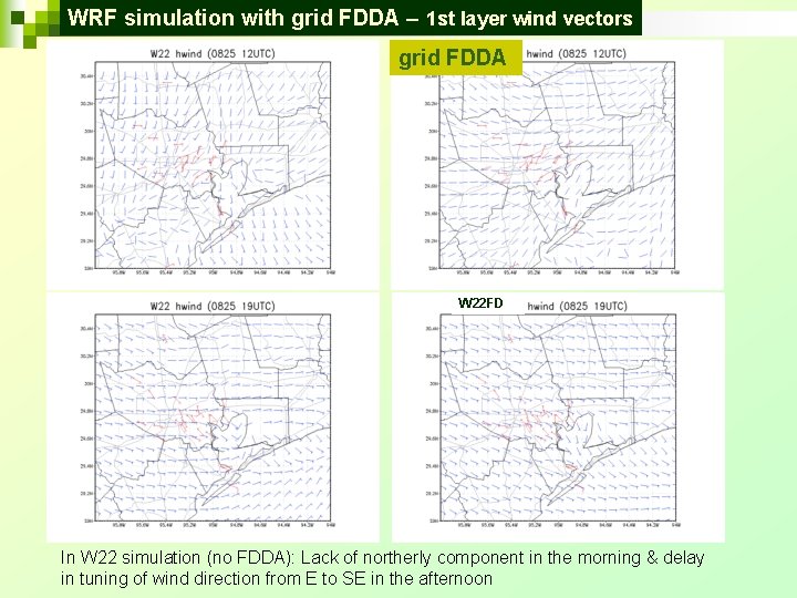 WRF simulation with grid FDDA – 1 st layer wind vectors grid FDDA W