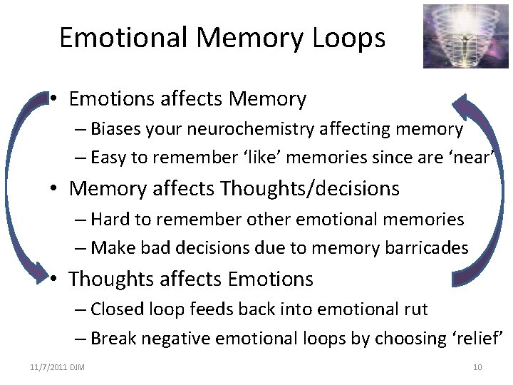 Emotional Memory Loops • Emotions affects Memory – Biases your neurochemistry affecting memory –