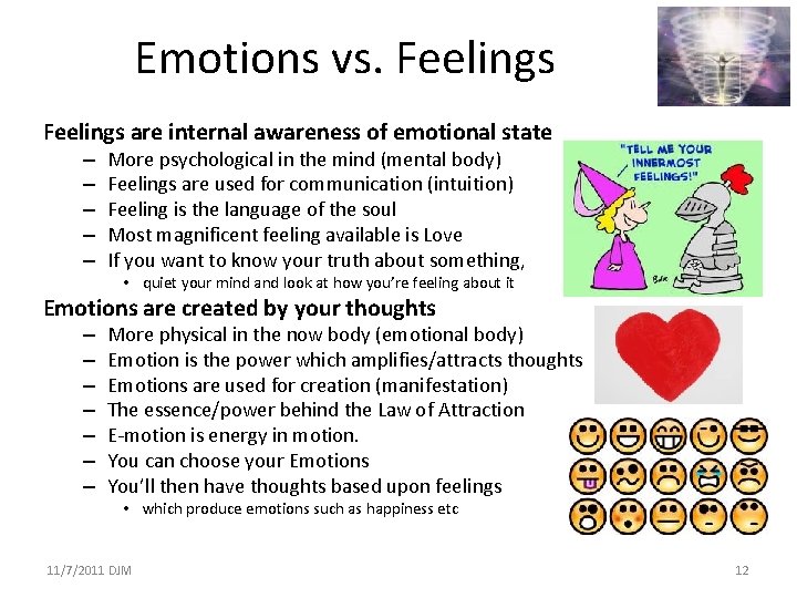 Emotions vs. Feelings are internal awareness of emotional state – – – More psychological