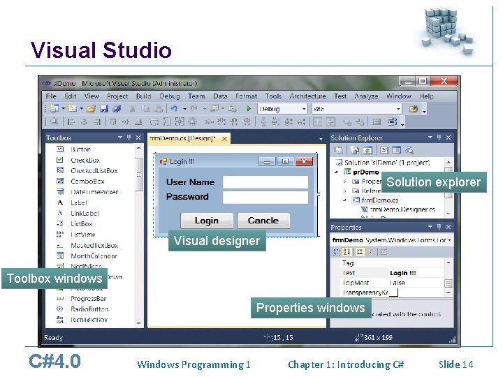 Visual Studio Solution explorer Visual designer Toolbox windows Properties windows C#4. 0 Windows Programming Visual Studio Solution explorer Visual designer Toolbox windows Properties windows C#4. 0 Windows Programming