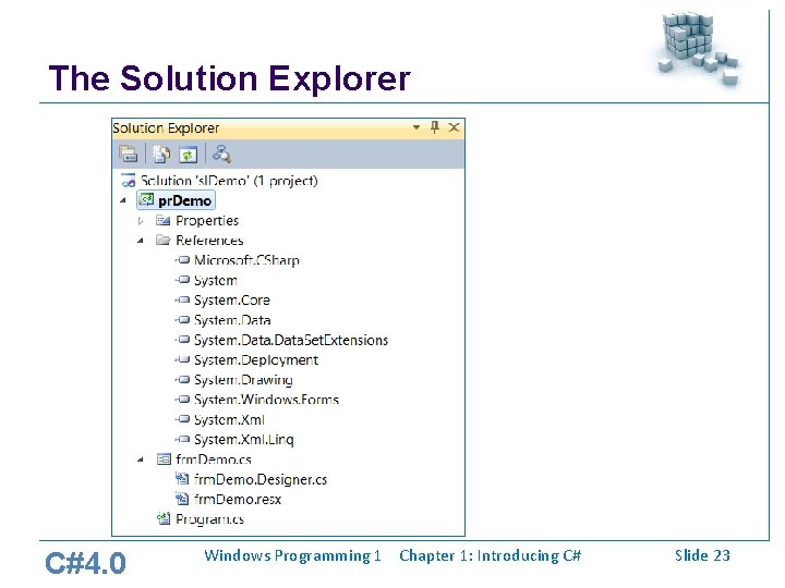 The Solution Explorer C#4. 0 Windows Programming 1 Chapter 1: Introducing C# Slide 23 The Solution Explorer C#4. 0 Windows Programming 1 Chapter 1: Introducing C# Slide 23