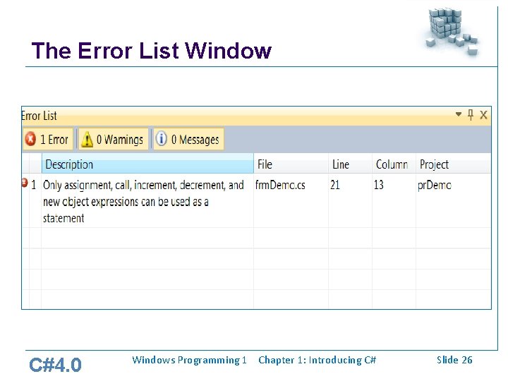 The Error List Window C#4. 0 Windows Programming 1 Chapter 1: Introducing C# Slide The Error List Window C#4. 0 Windows Programming 1 Chapter 1: Introducing C# Slide