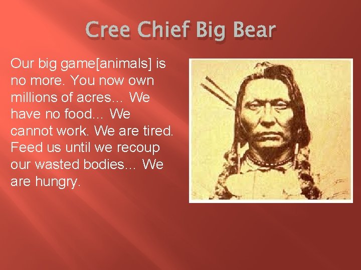 Cree Chief Big Bear Our big game[animals] is no more. You now own millions