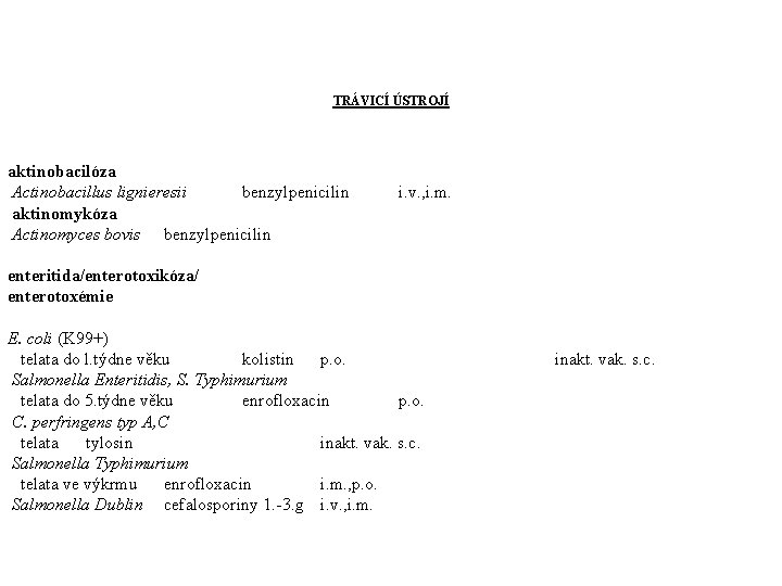 TRÁVICÍ ÚSTROJÍ aktinobacilóza Actinobacillus lignieresii benzylpenicilin aktinomykóza Actinomyces bovis benzylpenicilin i. v. , i.