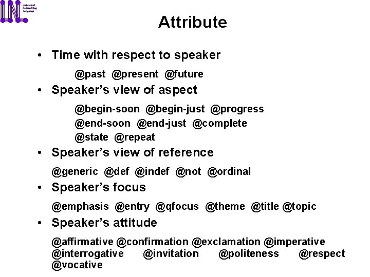 Attribute • Time with respect to speaker @past @present @future • Speaker’s view of