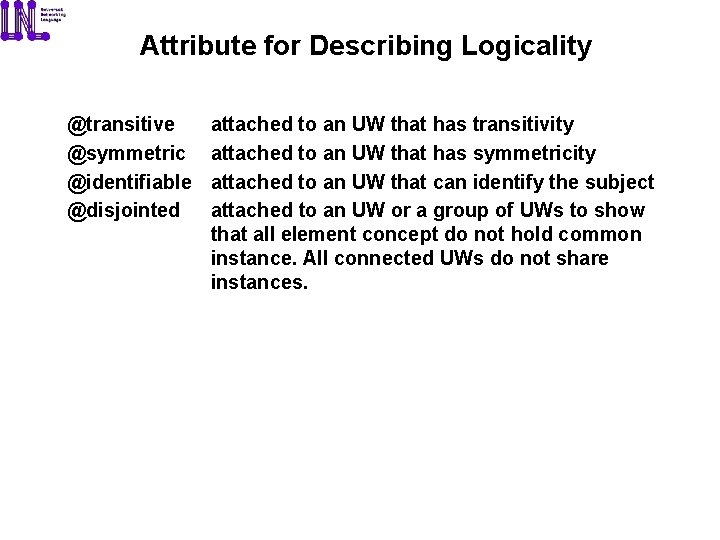 Attribute for Describing Logicality @transitive @symmetric @identifiable @disjointed attached to an UW that has
