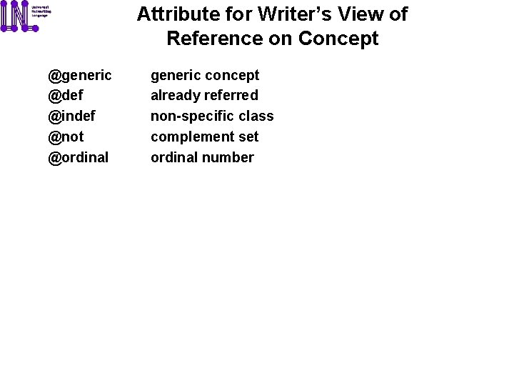 Attribute for Writer’s View of Reference on Concept @generic @def @indef @not @ordinal generic