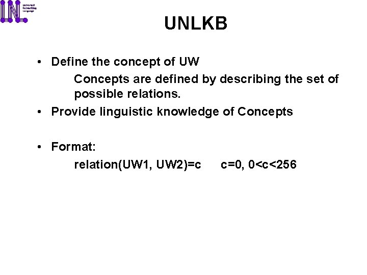 UNLKB • Define the concept of UW Concepts are defined by describing the set