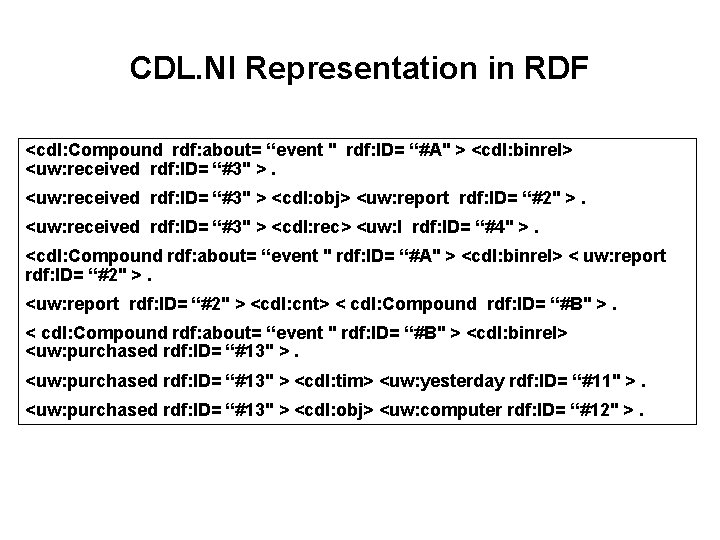 CDL. Nl Representation in RDF <cdl: Compound rdf: about= “event " rdf: ID= “#A"