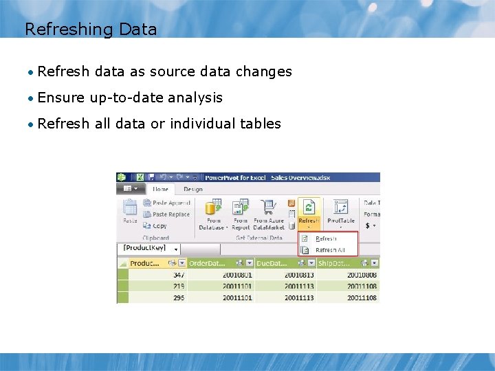 Refreshing Data • Refresh data as source data changes • Ensure up-to-date analysis • Refreshing Data • Refresh data as source data changes • Ensure up-to-date analysis •