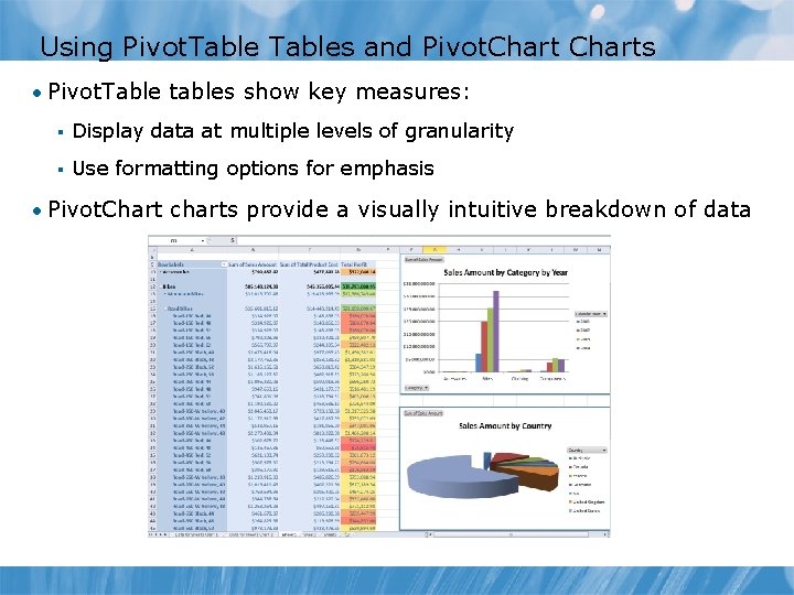 Using Pivot. Tables and Pivot. Charts • Pivot. Table tables show key measures: § Using Pivot. Tables and Pivot. Charts • Pivot. Table tables show key measures: §