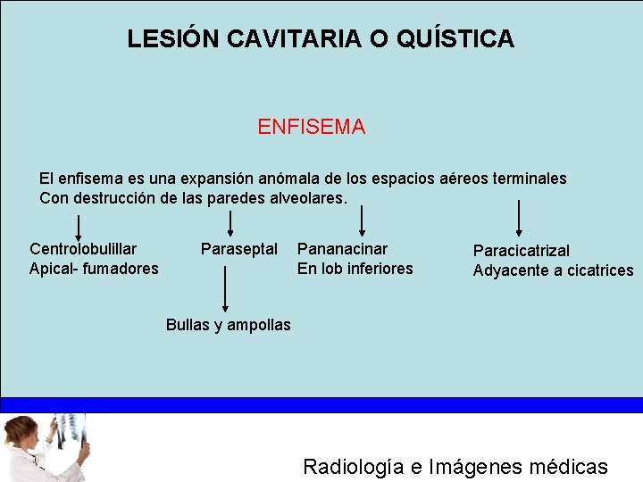 LESIÓN CAVITARIA O QUÍSTICA ENFISEMA El enfisema es una expansión anómala de los espacios