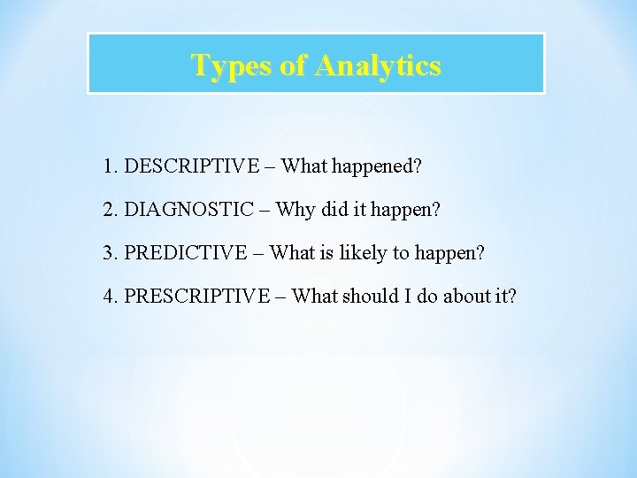 Types of Analytics 1. DESCRIPTIVE – What happened? 2. DIAGNOSTIC – Why did it