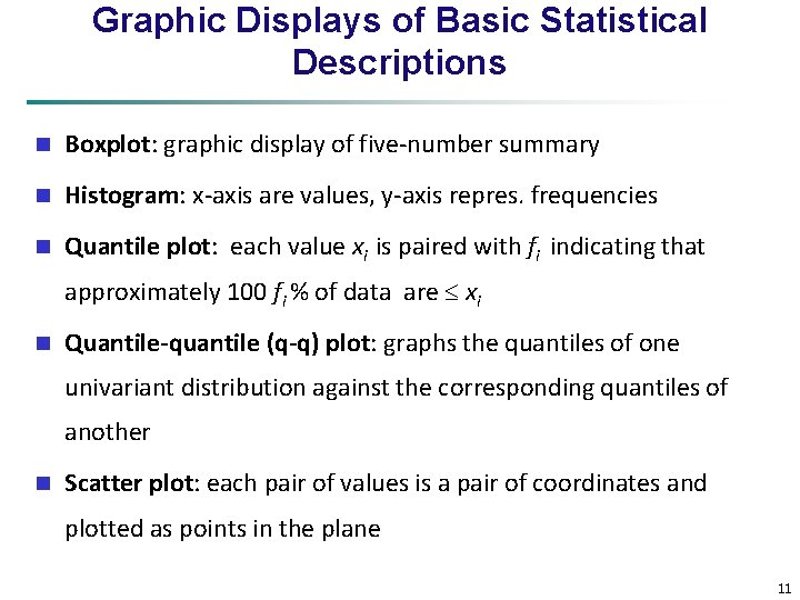 Graphic Displays of Basic Statistical Descriptions n Boxplot: graphic display of five-number summary n