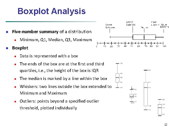 Boxplot Analysis n Five-number summary of a distribution n n Minimum, Q 1, Median,