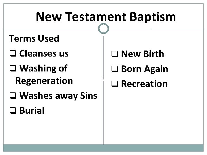 New Testament Baptism Terms Used q Cleanses us q Washing of Regeneration q Washes