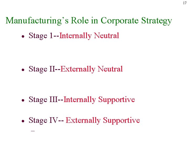 17 Manufacturing’s Role in Corporate Strategy · Stage 1 --Internally Neutral · Stage II--Externally