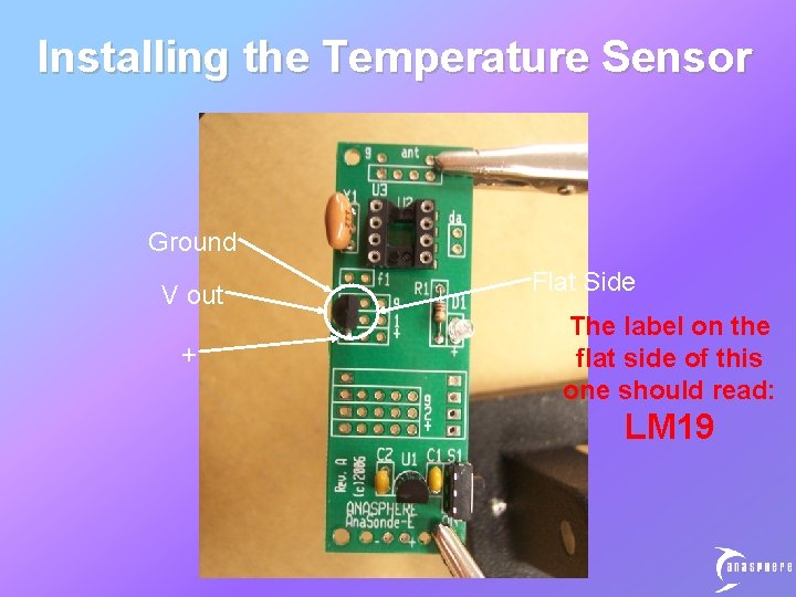 Installing the Temperature Sensor Ground V out + Flat Side The label on the