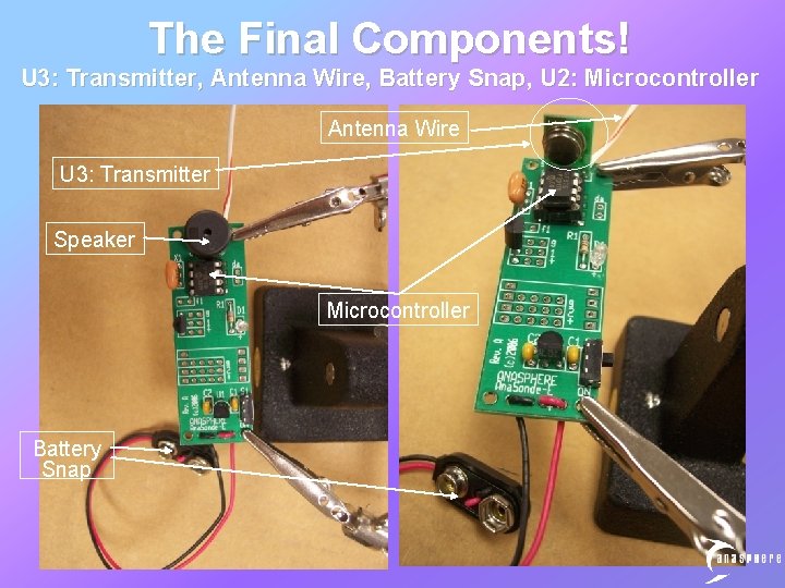 The Final Components! U 3: Transmitter, Antenna Wire, Battery Snap, U 2: Microcontroller Antenna