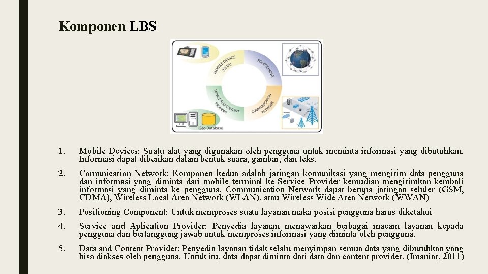 Komponen LBS 1. Mobile Devices: Suatu alat yang digunakan oleh pengguna untuk meminta informasi