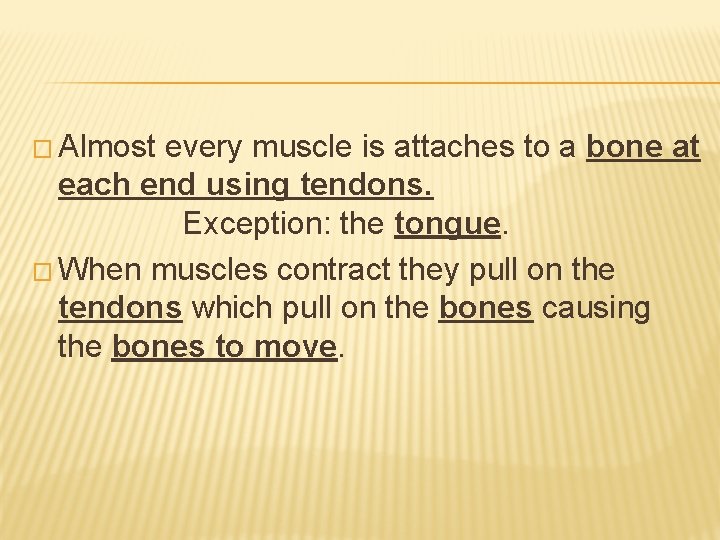 � Almost every muscle is attaches to a bone at each end using tendons.