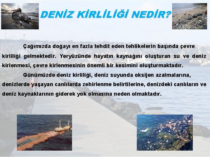 DENİZ KİRLİLİĞİ NEDİR? Çağımızda doğayı en fazla tehdit eden tehlikelerin başında çevre kirliliği gelmektedir.