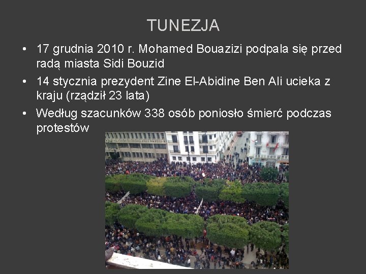 TUNEZJA • 17 grudnia 2010 r. Mohamed Bouazizi podpala się przed radą miasta Sidi