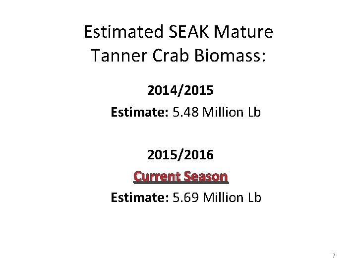 Estimated SEAK Mature Tanner Crab Biomass: 2014/2015 Estimate: 5. 48 Million Lb 2015/2016 Current